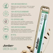 Toothbrush pack text panel noting bio-based bristles and recycled handle, Jordan Green Clean.