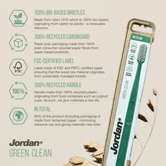 Jordan Green Clean toothbrush packaging showing green medium brush and eco features like recycled handle eco friendly toothbrush UAE