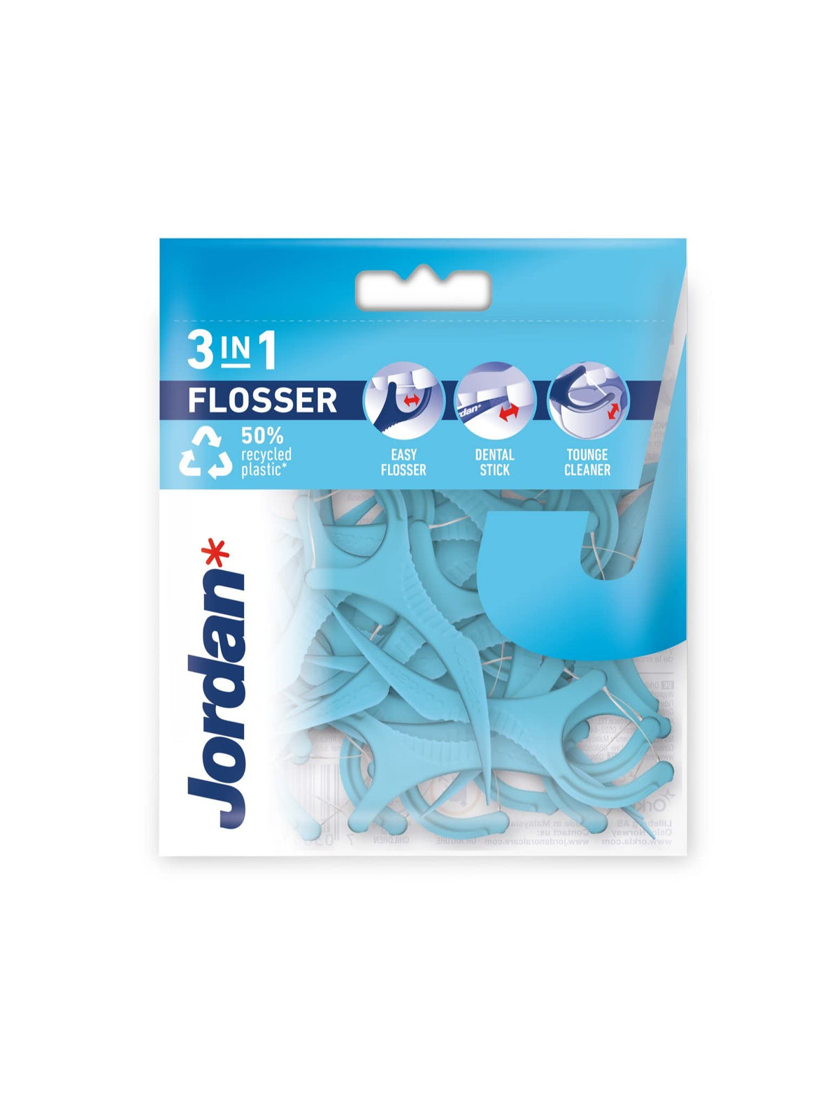 Pack of light blue Jordan 3in1 dental flossers in resealable bag showing brand logo and triple use