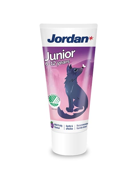 Jordan purple tube with wolf illustration beatool junior toothpaste for kids 6-12 years mild flavor