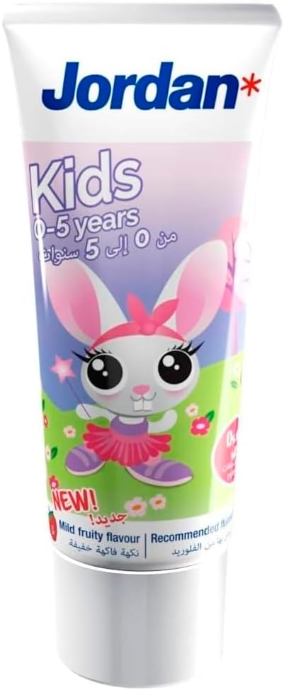 Jordan kids toothpaste for 0-5 years tube with bunny character pink and purple packaging mild fruity flavor