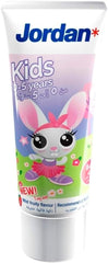 Jordan kids toothpaste for 0-5 years tube with bunny character pink and purple packaging mild fruity flavor