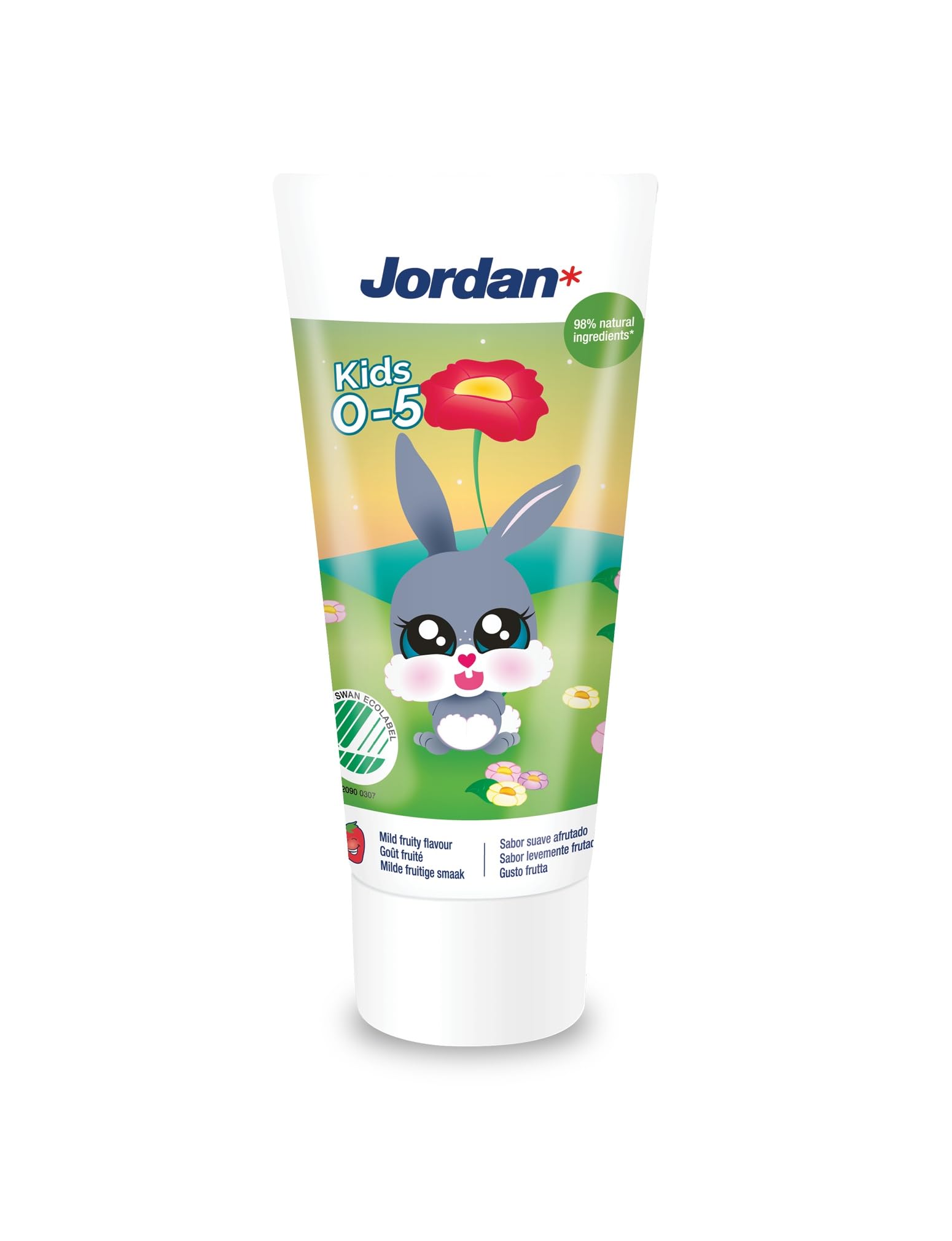 Jordan kids toothpaste for 0-5 years tube featuring a smiling bunny on green label with fruity flavor