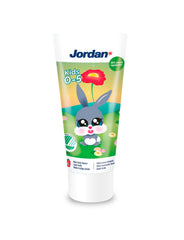 Jordan kids toothpaste for 0-5 years tube featuring a smiling bunny on green label with fruity flavor