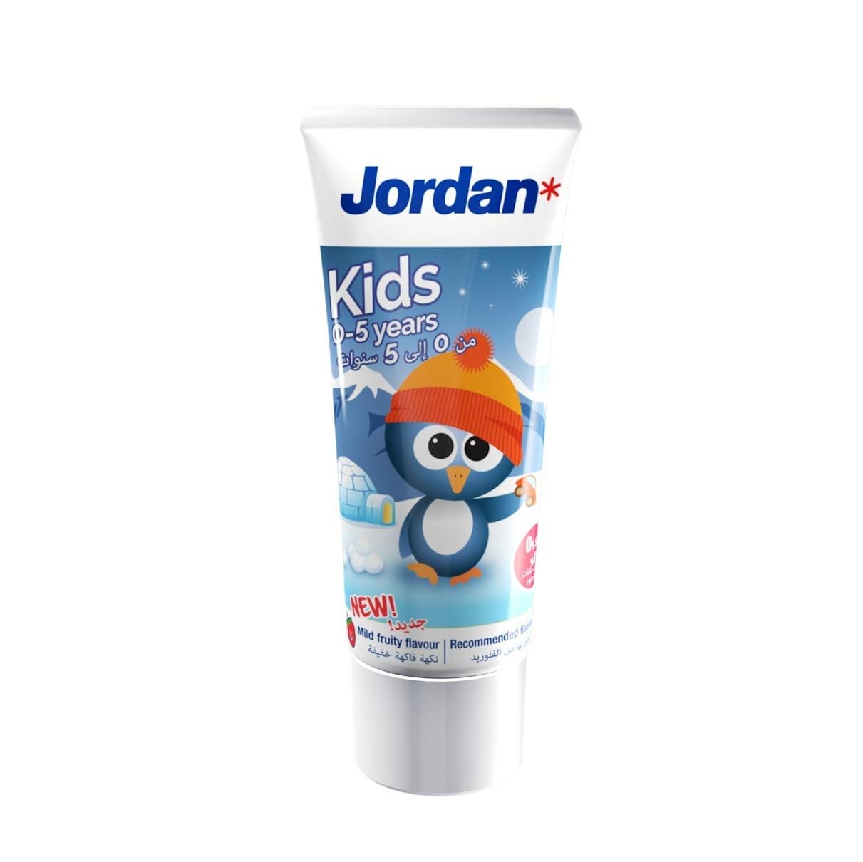 Jordan kids toothpaste for 0-5 years tube featuring penguin in orange hat on blue winter packaging