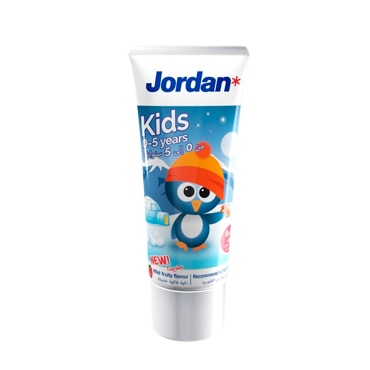 Jordan kids toothpaste for 0-5 years tube featuring penguin in orange hat on blue winter packaging