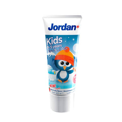 Jordan kids toothpaste for 0-5 years tube featuring penguin in orange hat on blue winter packaging