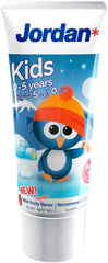 Jordan kids toothpaste for 0-5 years tube with penguin wearing orange hat and snowy igloo design