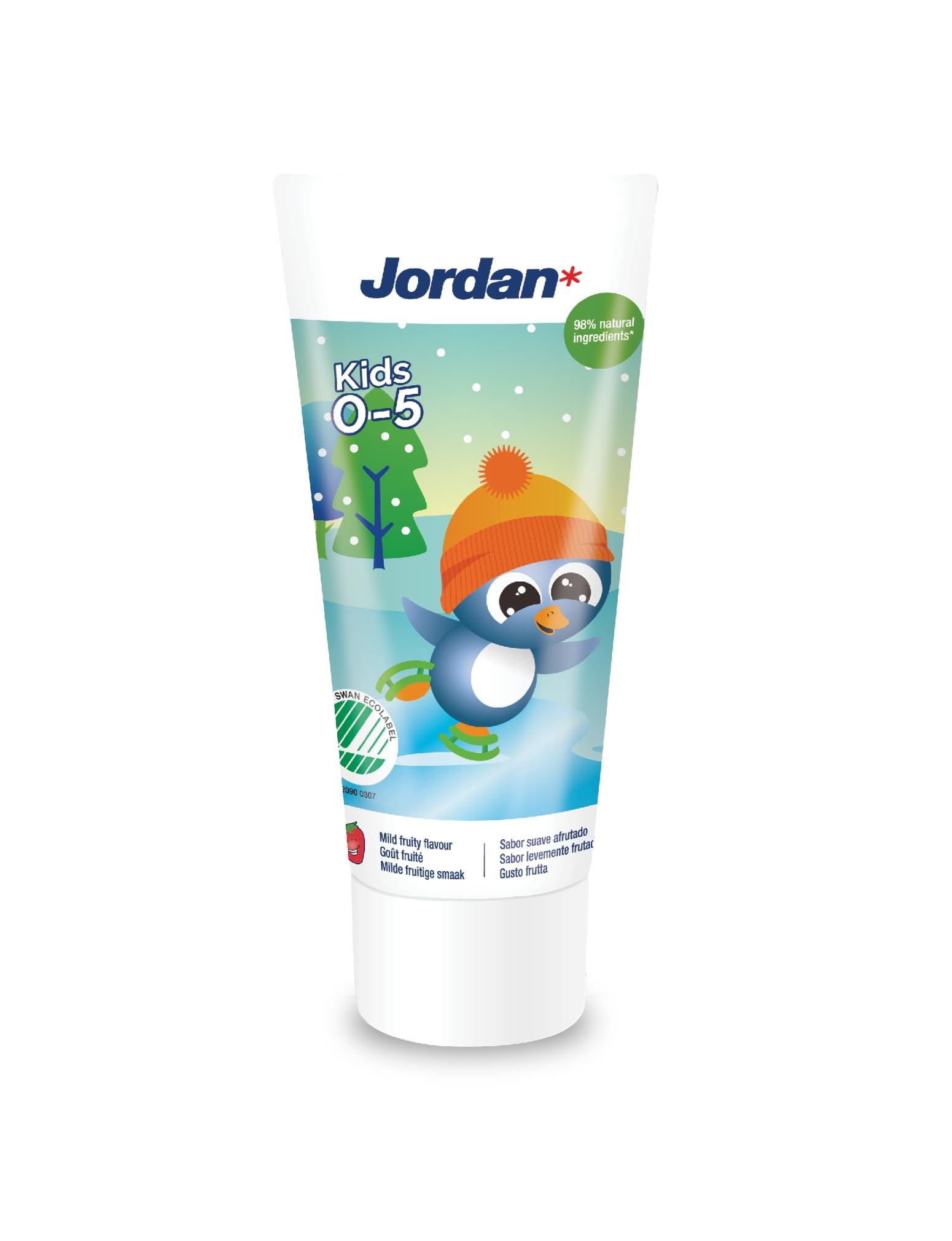 Jordan kids toothpaste for 0-5 years tube with penguin wearing orange hat on snowy background