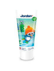Jordan kids toothpaste for 0-5 years tube with penguin wearing orange hat on snowy background