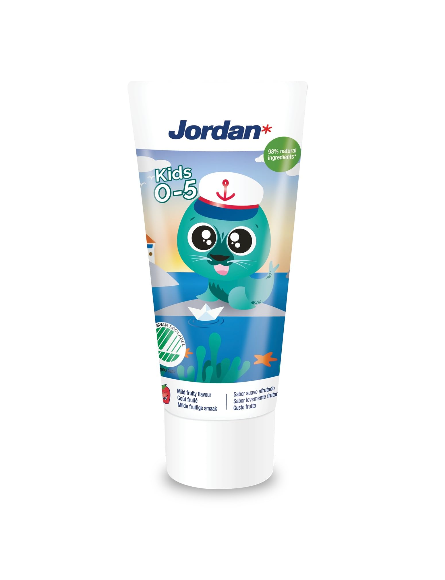 Jordan kids toothpaste for 0-5 years tube featuring a cute sailor seal mascot and ocean design