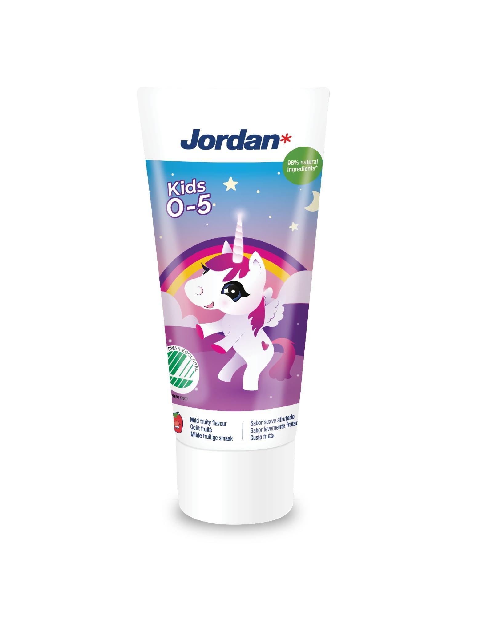 Jordan kids toothpaste for 0-5 years tube with unicorn and rainbow design strawberry flavor