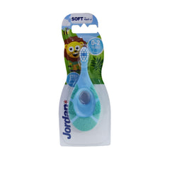 Jordan soft bristle toothbrush for infants in blue and green packaging 0 to 2 years ergonomic