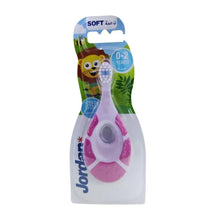 Jordan Step 1 baby toothbrush in pink and teal with soft bristles, packaged