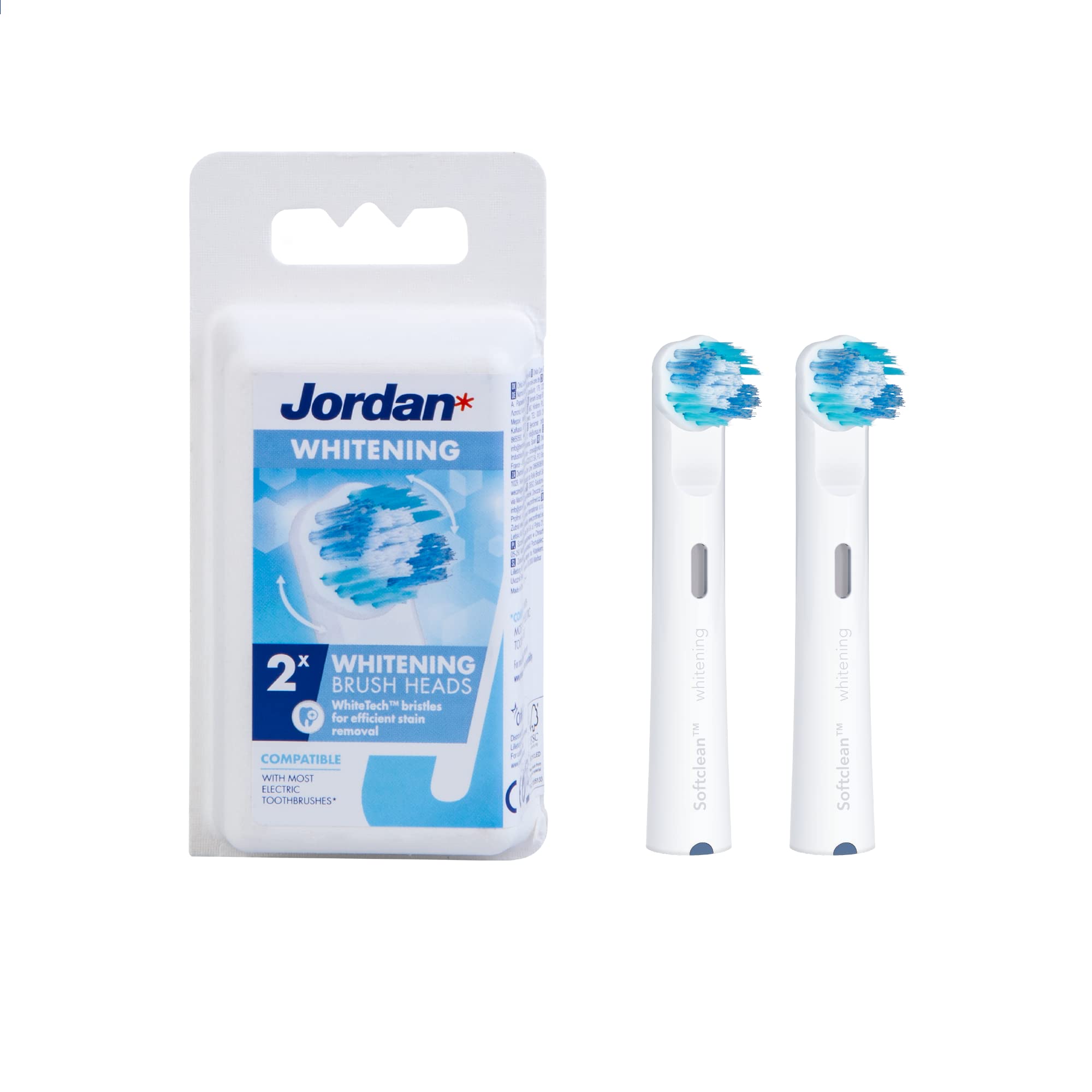 Jordan whitening 2 pack with two blue bristle whitening electric toothbrush replacement head for electric handles