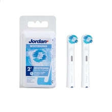 Jordan whitening brush heads package with two white handles and blue bristle tips