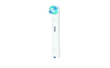 Whitening toothbrush head on a white handle, with blue bristle brush head