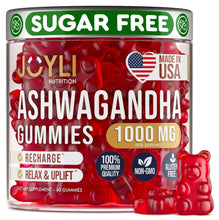 Sugar-free ashwagandha gummies supplement jar, red label and clear plastic container