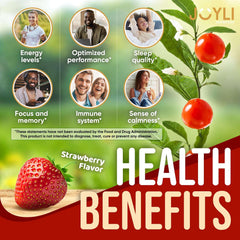 JOYLI Nutrition strawberry flavor supplement image showing health benefits icons and ashwagandha gummies sugar free