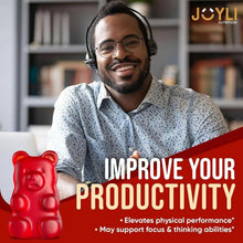 Ashwagandha gummies jar and red gummy bear shapes near smiling person wearing headphones