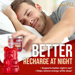 JOYLI ashwagandha gummies sugar free red gummy bear jar on bedside table with man reaching for better nighttime rest