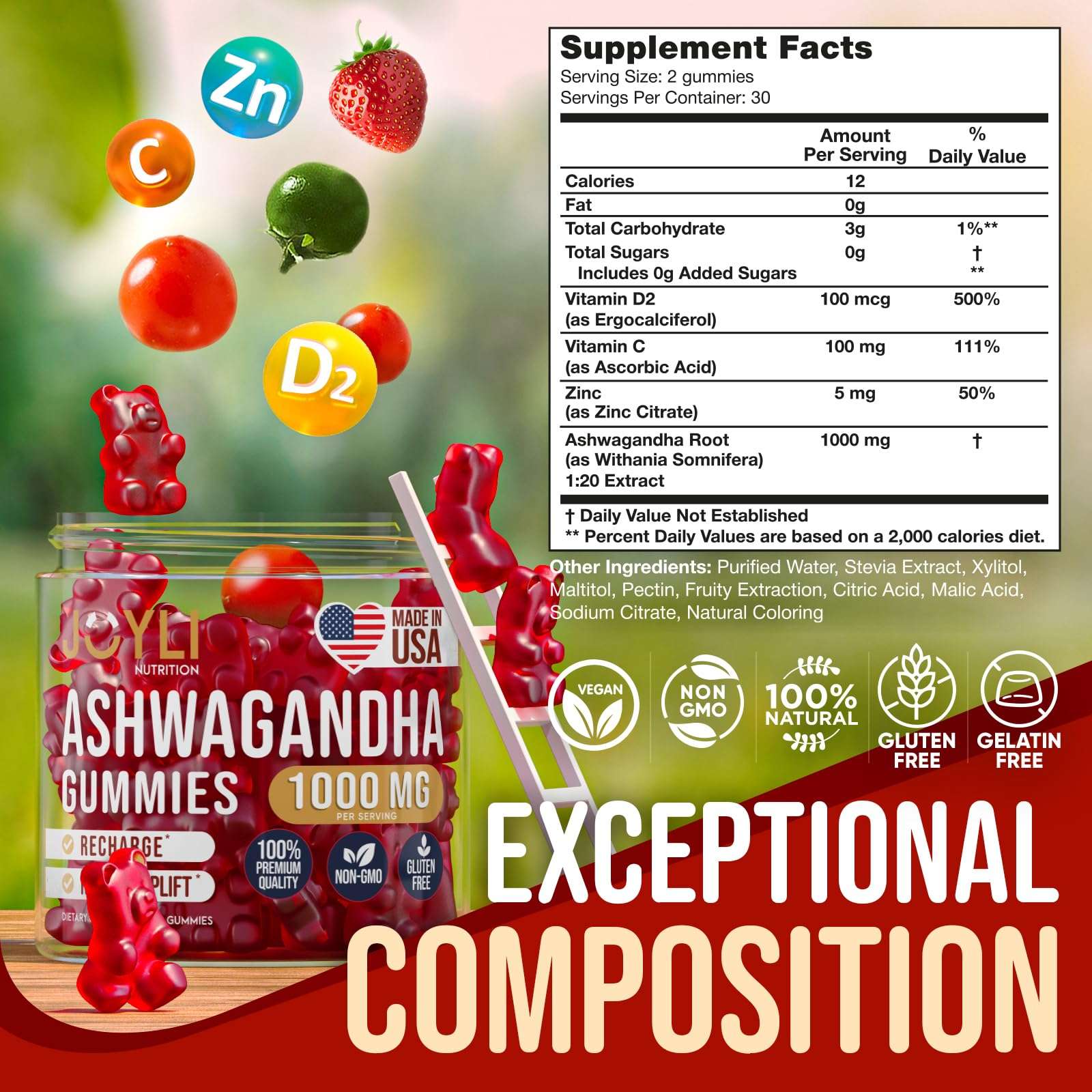 JOYLI Nutrition ashwagandha gummies sugar free jar with red gummy bears 1000 mg label and supplement facts