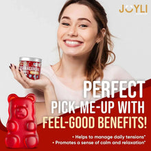 Ashwagandha gummies jar held by smiling woman with red gummy bear shapes