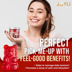 JOYLI Nutrition smiling woman holding jar of ashwagandha gummies sugar free with red gummy bear graphic and benefits text