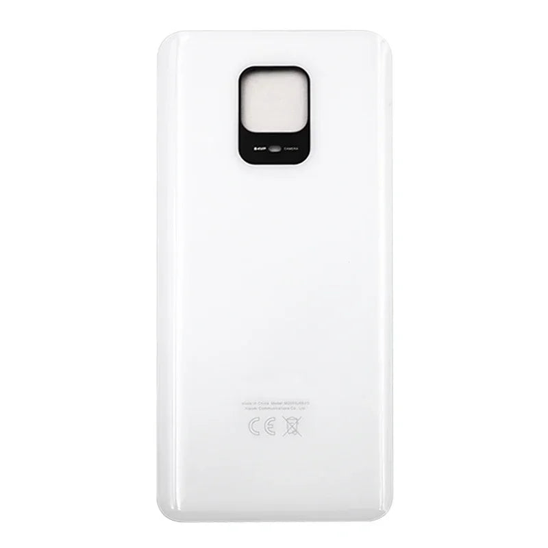 Mumzar white glossy Redmi Note 9S back cover replacement showing square camera cutout and CE markings