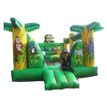 Jungle-themed inflatable bounce house with slide, green base, animal graphics