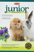 Rabbit food box front with two bunnies, flowers, and Padovan Junior branding