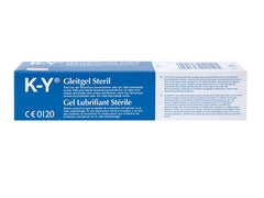 KY sterile gel tube box packaging showing KY Jelly personal lubricant in blue and white box