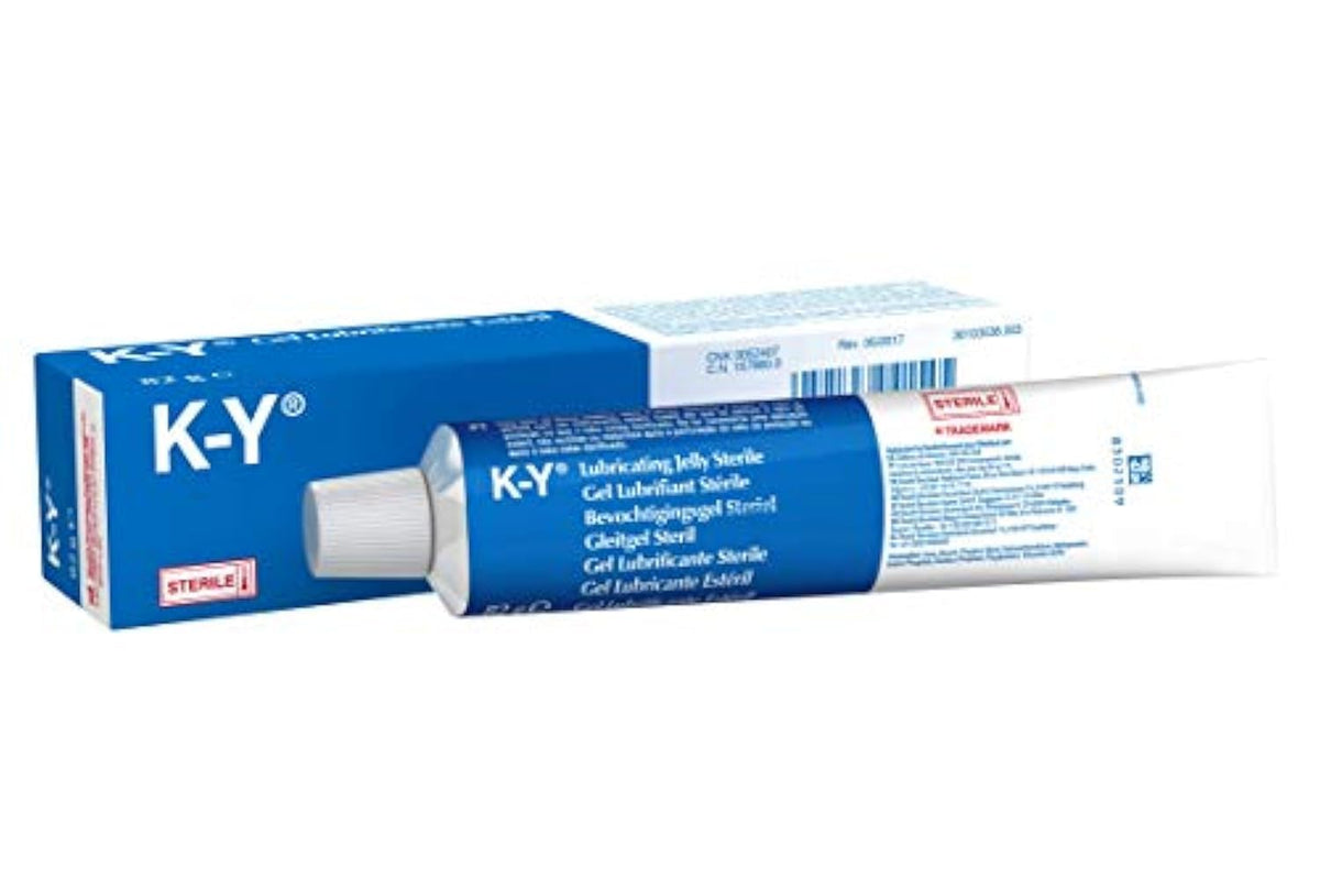 Tube of KY Jelly personal lubricant by KY sterile lubricating jelly in blue and white packaging for personal and medical use