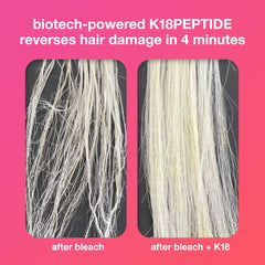 Comparison of bleached hair before and after using K18 leave-in molecular repair hair mask showing damage reversal