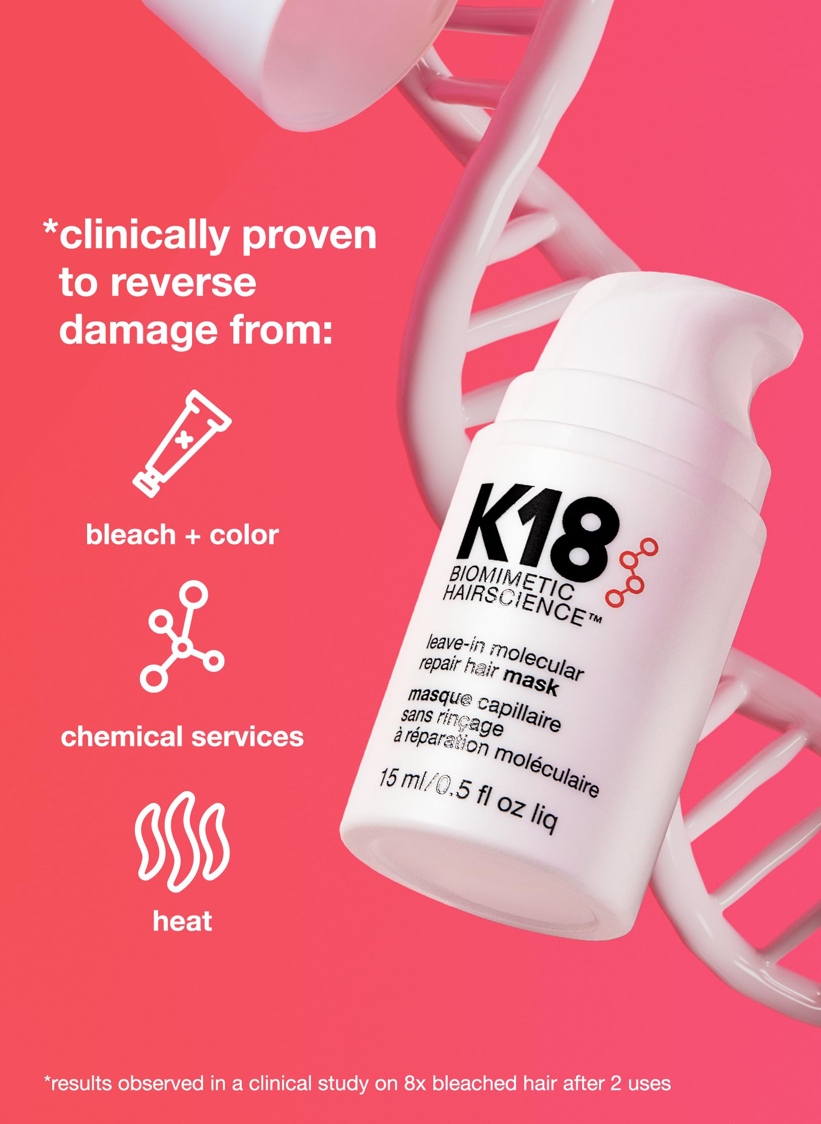 K18 leave-in molecular repair hair mask bottle on pink background with DNA strand and text about reversing damage