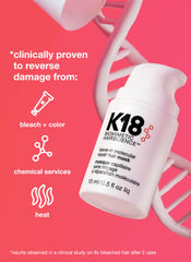 K18 leave-in molecular repair hair mask bottle on pink background with DNA strand and text about reversing damage