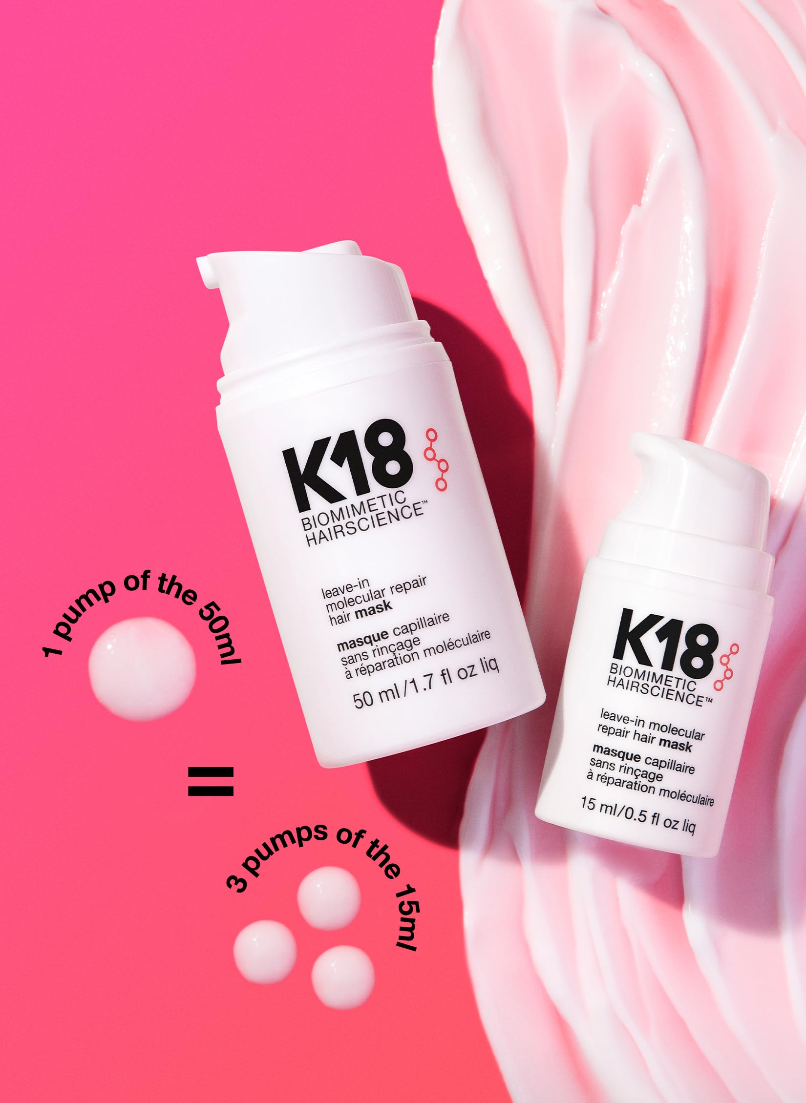 K18 leave-in molecular repair hair mask bottles with cream texture on pink background