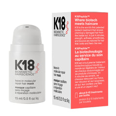 K18 leave-in molecular repair hair mask bottle and box with product details in white and red packaging