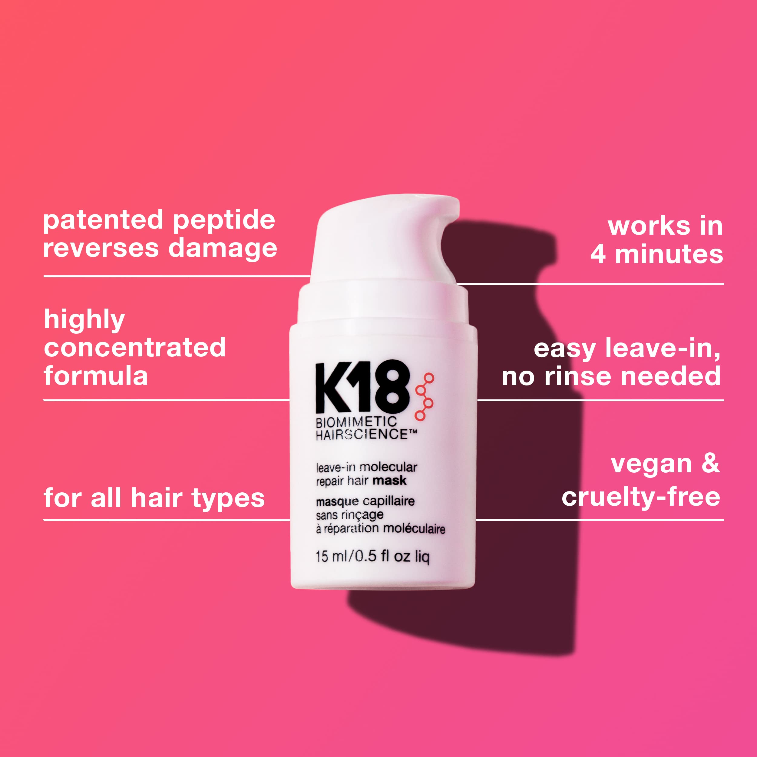 K18 leave-in molecular repair hair mask bottle with benefits text on pink background