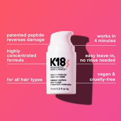 K18 leave-in molecular repair hair mask bottle with benefits text on pink background