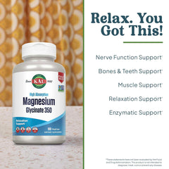 KAL supplement bottle of high absorption magnesium glycinate 350 beside Relax You Got This benefits panel