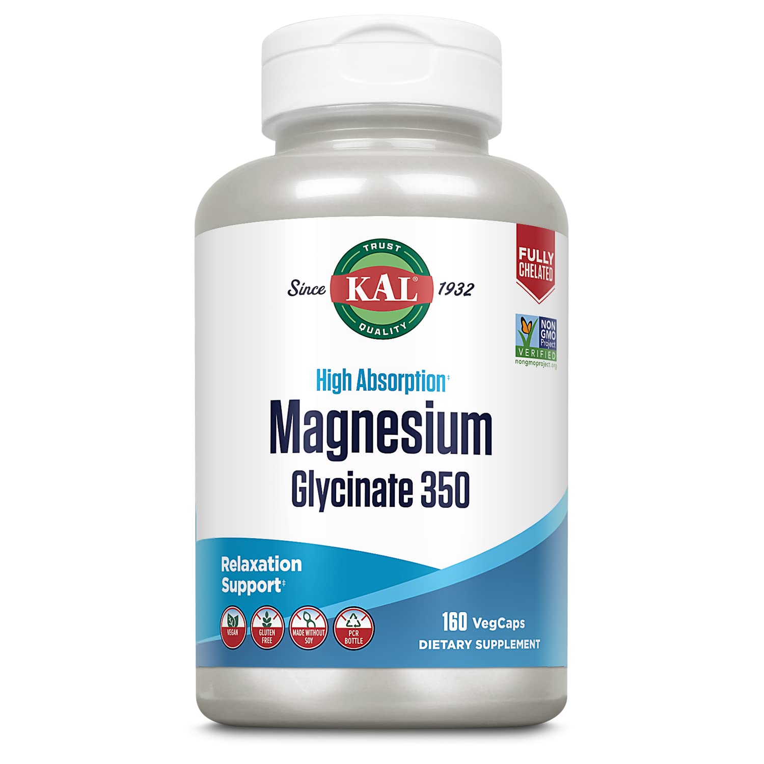 KAL bottle of high absorption magnesium glycinate 350 VegCaps 160 for relaxation support