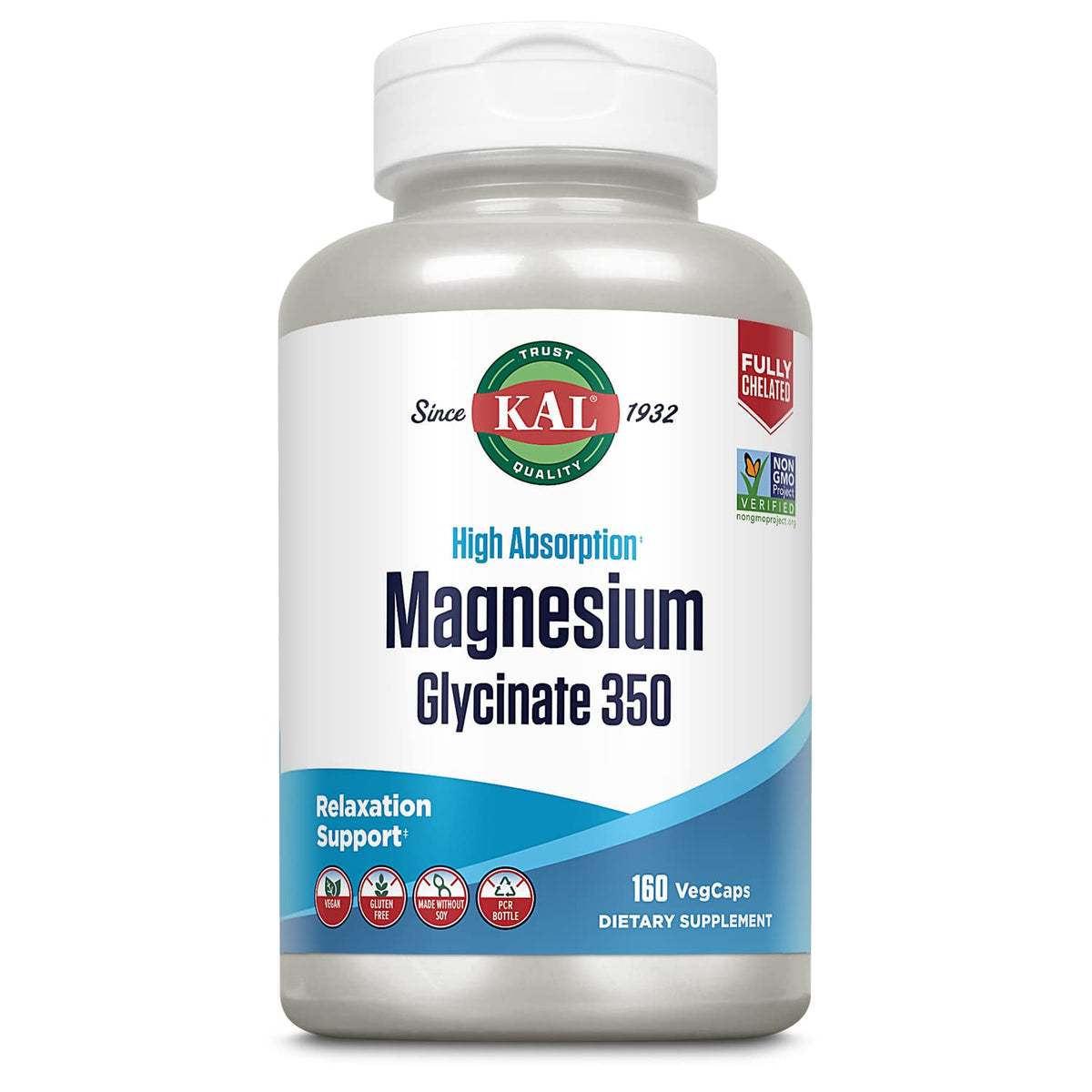 KAL bottle of high absorption magnesium glycinate 350 VegCaps 160 for relaxation support
