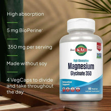 KAL Magnesium Glycinate 350 bottle with product benefits callouts