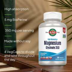 KAL supplement bottle of high absorption magnesium glycinate 350 mg per serving with BioPerine and 160 VegCaps