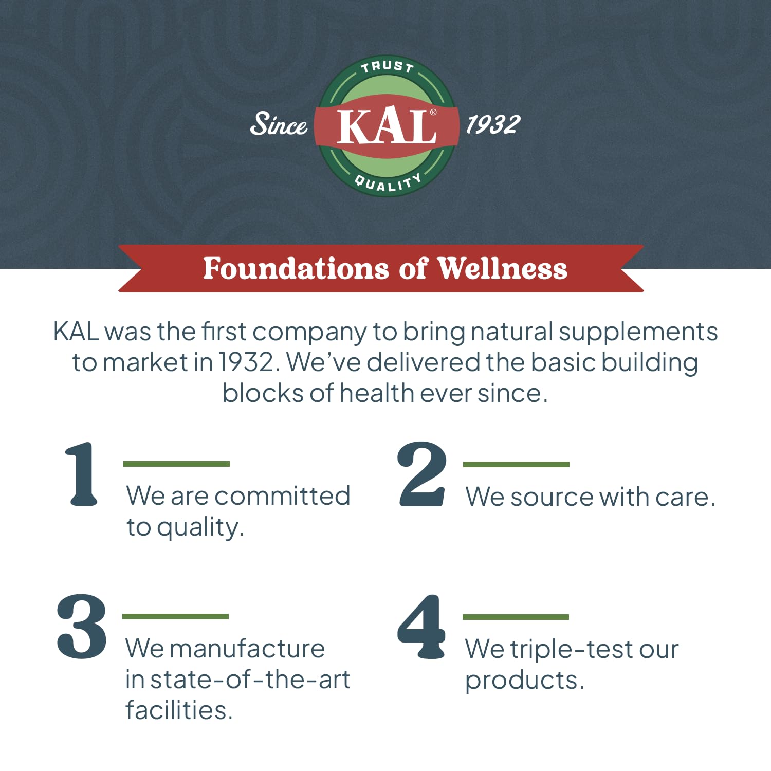KAL Foundations of Wellness infographic with logo and four pillars text promoting high absorption magnesium glycinate