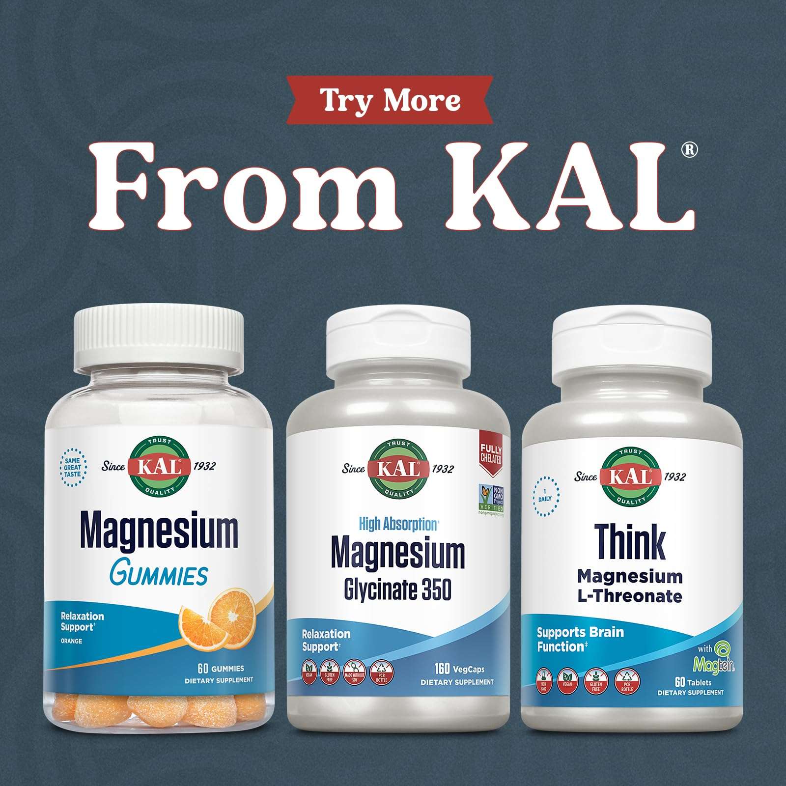 KAL supplement trio with Magnesium Gummies high absorption magnesium glycinate 350 bottle and Think Magnesium L Threonate