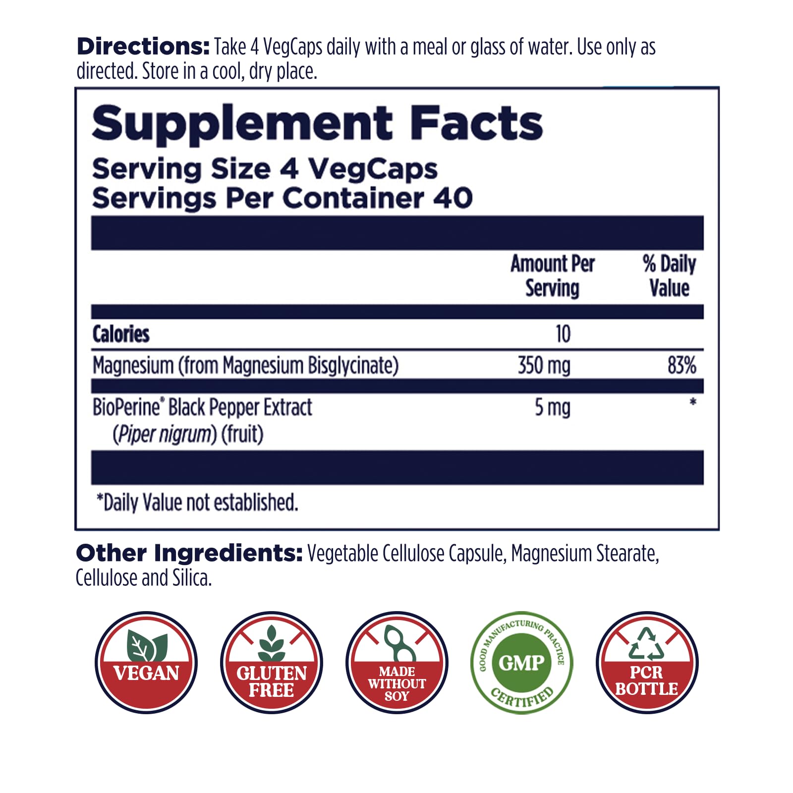 KAL supplement facts label Magnesium Bisglycinate 350 mg per 4 VegCaps vegan gluten free icons high absorption magnesium glycinate