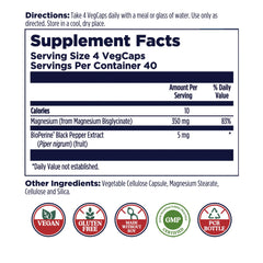 KAL supplement facts label Magnesium Bisglycinate 350 mg per 4 VegCaps vegan gluten free icons high absorption magnesium glycinate