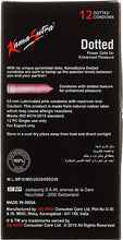 Dotted condoms box with 12 count and lubrication details, black and pink